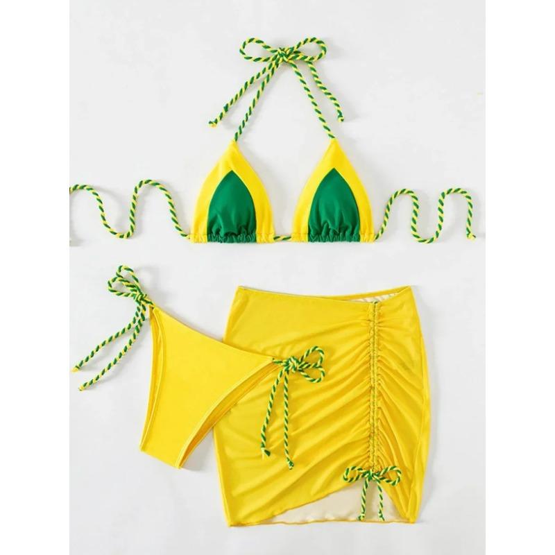 2025 черный бретелька через шею 3 шт бикини стринги юбка купальник женский купальник женский купальный костюм для купания купальный костюм пляжная одежда