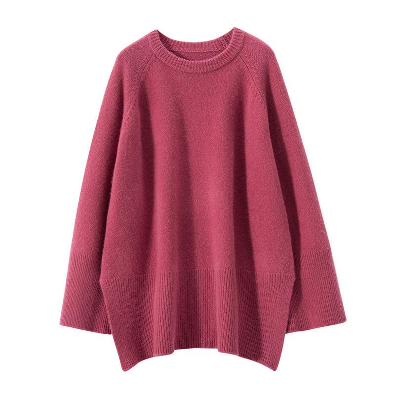 Lazy Wind Round Neck Loose Large Size Sweater Women's Autumn and Winter New Casual Hem Split Knitted Sweater Women