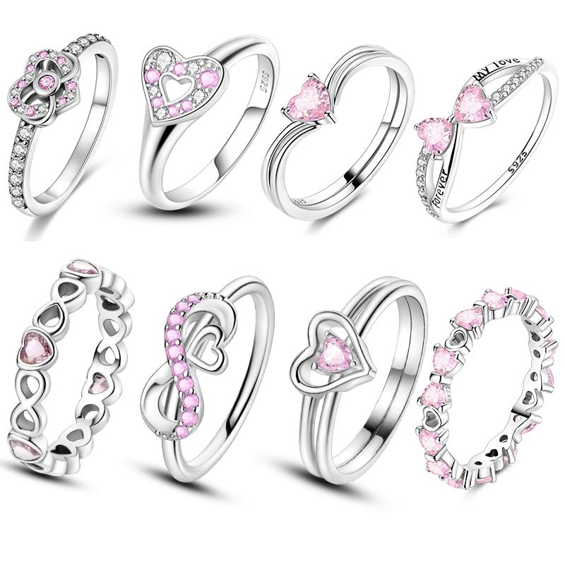 Original Women Silver Rings Sparking Pink Heart Zirconium Ring for Women Girls Engagement Jewelry Anniversary Gift