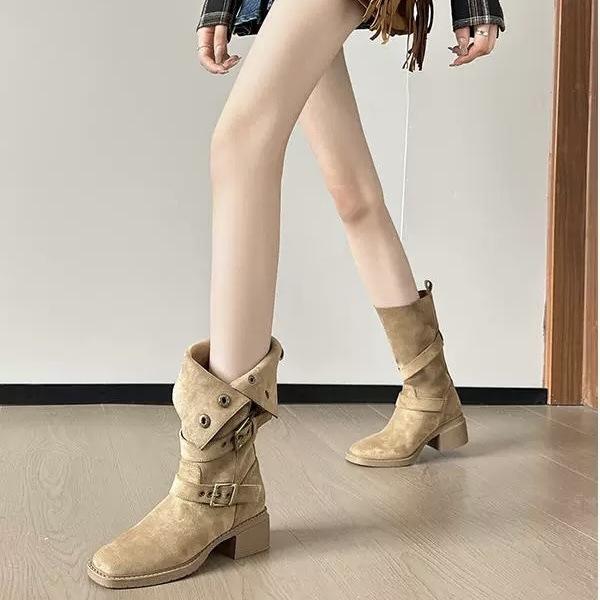 Винтажные матовые ковбойские сапоги в стиле вестерн женские кожаные короткие сапоги с пряжкой с застежкой-молнией на толстом каблуке средней высоты