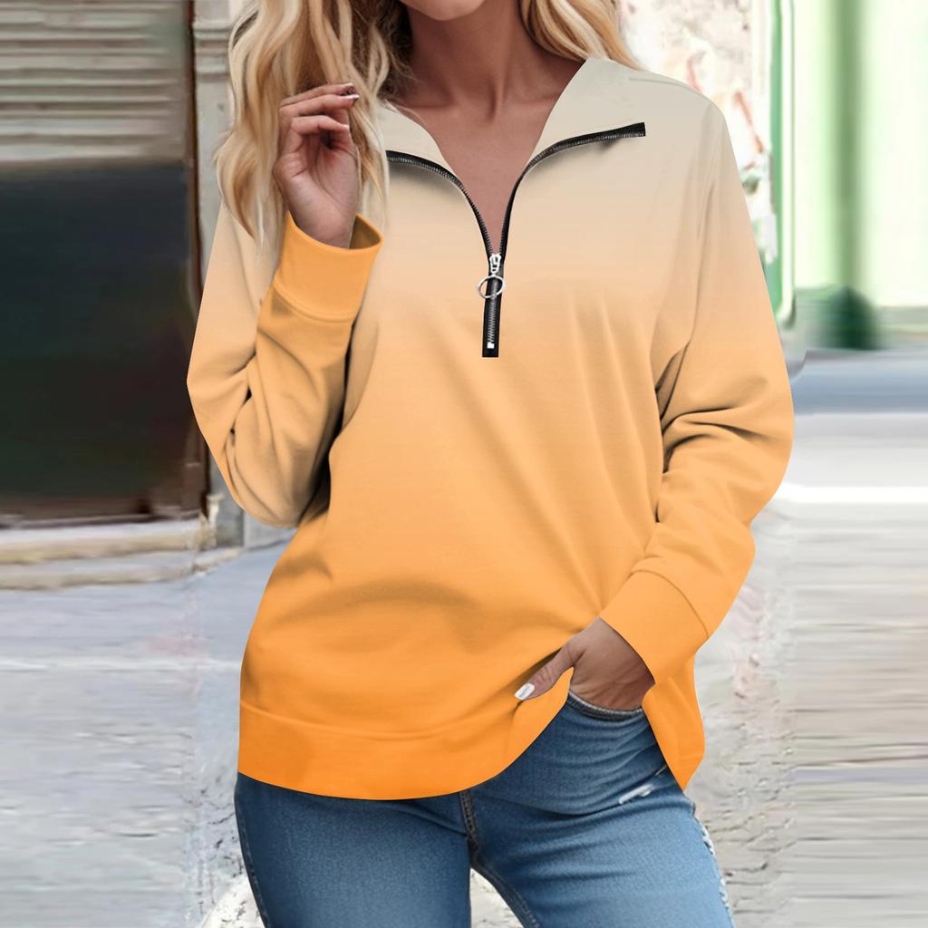 Рубашки на молнии с длинным рукавом для женщин Градиентная печать Графические футболки Блузки Повседневные топы Пуловер