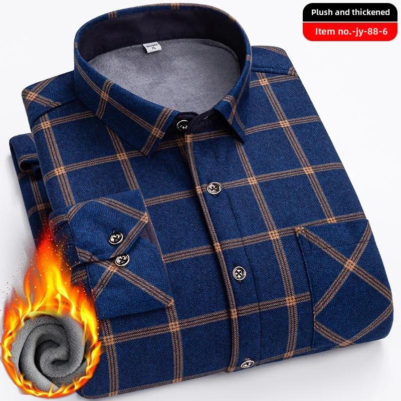 Thickened Flannel Men's Shirt Warm Plaid Winter Casual Square Collar Plus Size Clothing Fleece Lined Double Sided Velvet