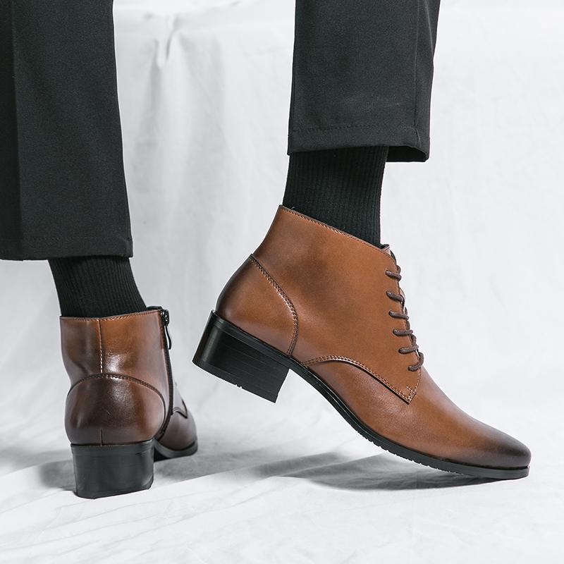 Модные новые мужские ботинки на высоком каблуке, повседневные мужские туфли из натуральной кожи с острым носком, с боковой молнией, мужские ботинки с острым носком, мужская обувь