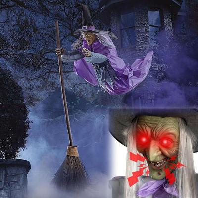 6 футов Хэллоуин Летающая ведьма Декор Активируемая голосом Аниматронная ведьма на метле со светящимися глазами для сада, двора, лужайки, наружного, внутреннего декора