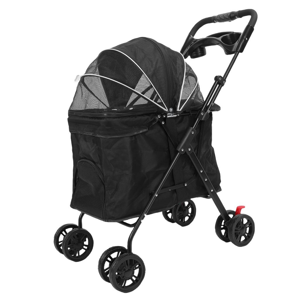 Foldable Pet Stroller Breathable Mesh with 2 Way Zipper Canopy Detachable Food Tray Cup Holder Travel Cat Dog Stroller