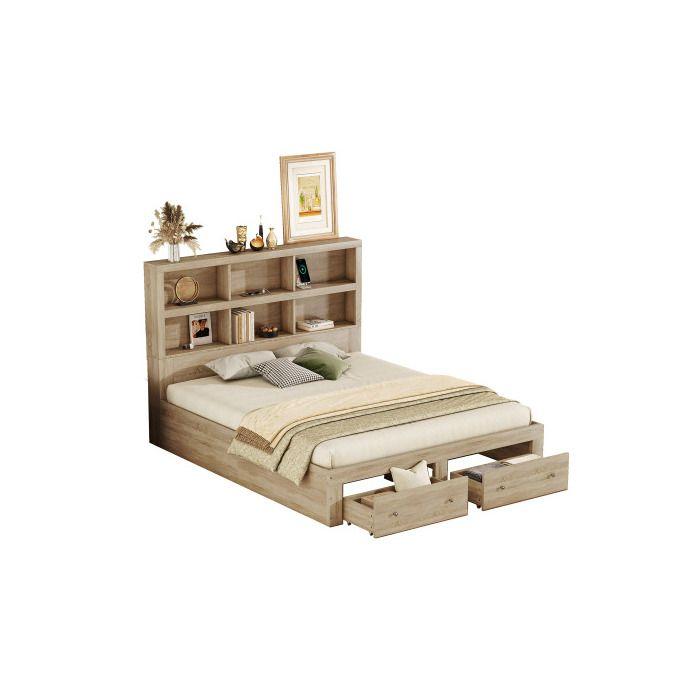 Lit double - MUVOE - 160x200 cm - Tête de lit avec rangement - 6 étagères - 2 tiroirs