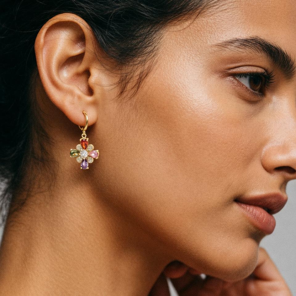 Nidin Multicolor Zircon Flower Hoop Earrings For Women Elegant Pearl Sunflower Dangle Ear Buckle Bridal Wedding Jewelry Gifts