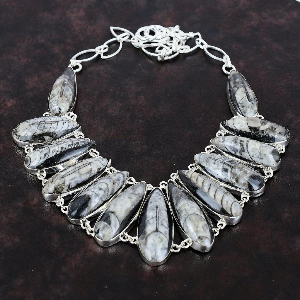 Orthoceras Ископаемое ожерелье Ожерелье из драгоценного камня Ожерелье из стерлингового серебра 925 пробы Регулируемая цепочка Ожерелье Антикварные ювелирные изделия ручной работы Подарок для матери