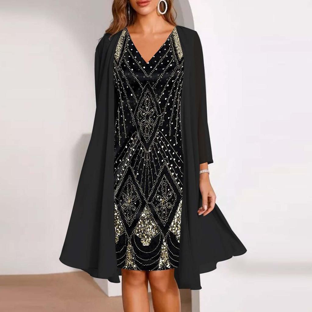 Женское модное элегантное шифоновое платье без рукавов с v-образным вырезом и принтом, платье из двух частей