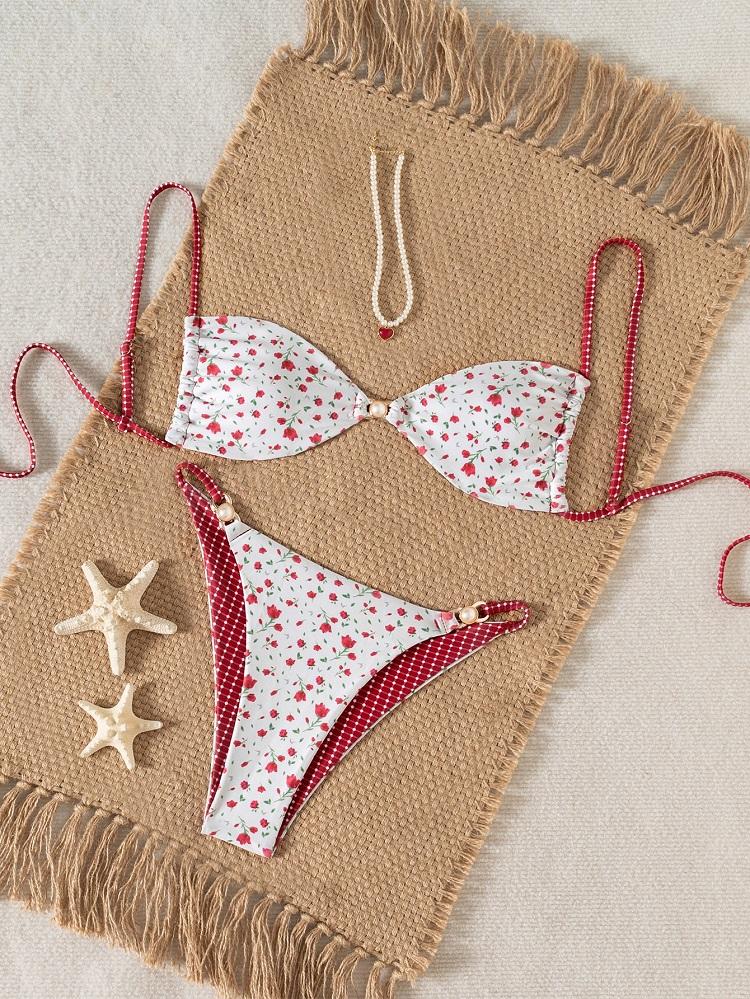 Triangle Strap Pearl Sexy Bikini Split Swimsuit