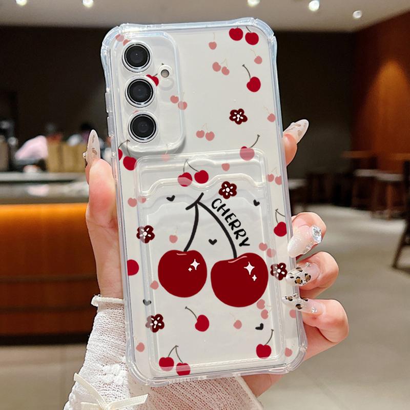 Чехол Cherry Print Clear Card Slot для телефона Samsung S25 Ultra S24 FE S23 S22 A56 A16 A36 A55 A06 A05 A15 Card Card Pocket Soft Silicone Противоударный чехол