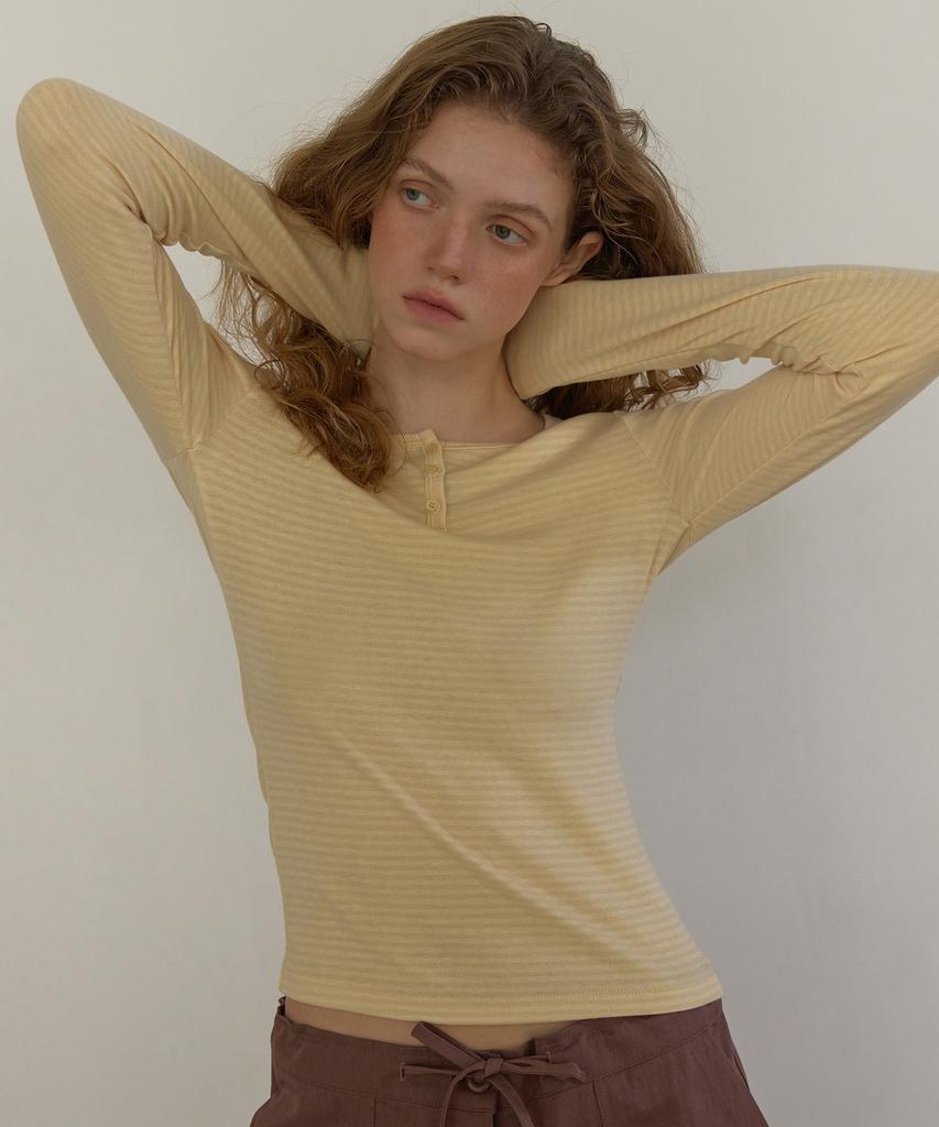 LONQUE Футболка с длинным рукавом в полоску с воротником- Henley (желтый)