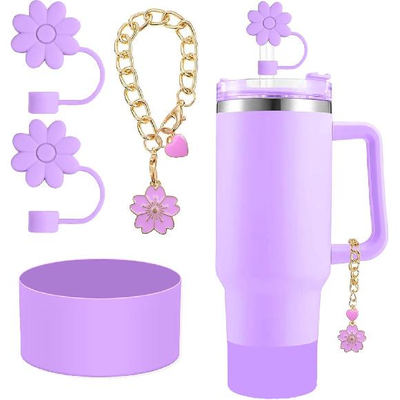 Accessories for Stanley Cup Set,2Pcs Flower Straw Cover Caps 10mm Reble Brown Straw Toppers,1Pcs Cute Handle Charm and 1Pcs Silicone Boot Sleeve for