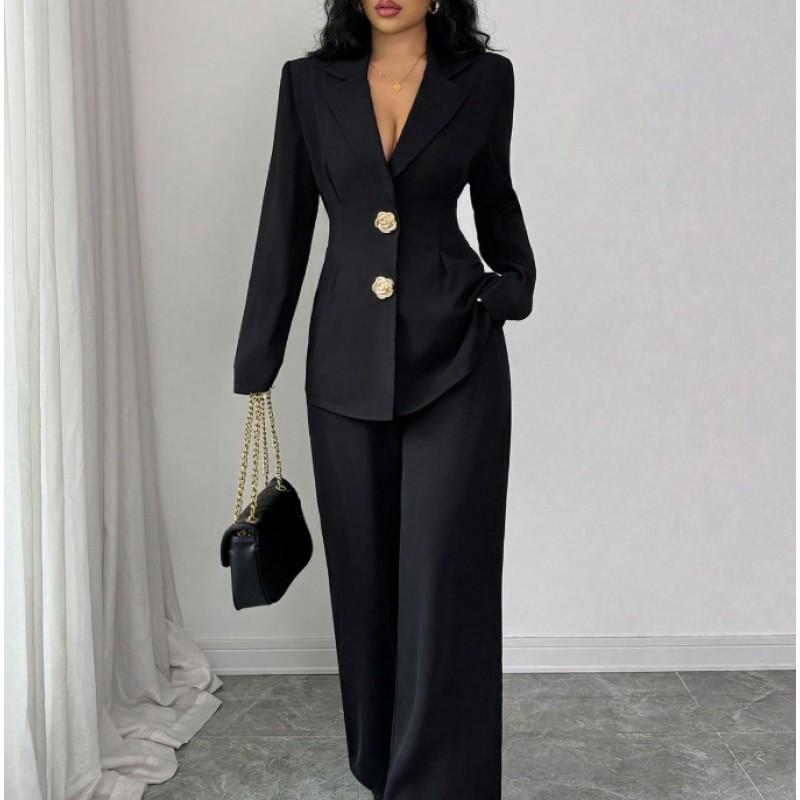 Womens 2026 Slim-Fit Blazer Wide-Leg Pants 2-Piece Set Elegant Office Casual Outfit Black Beige