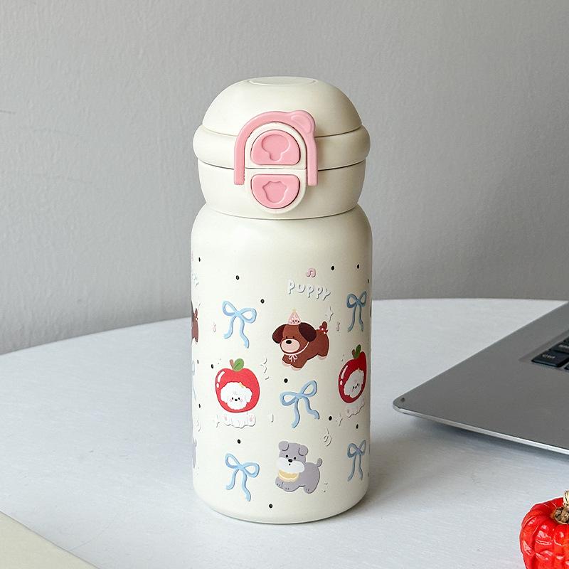 Cute Cartoon Print Double Drink Stainless Steel Thermos Cup with Straw - Portable Pop-Up Cup for Girls and Students
