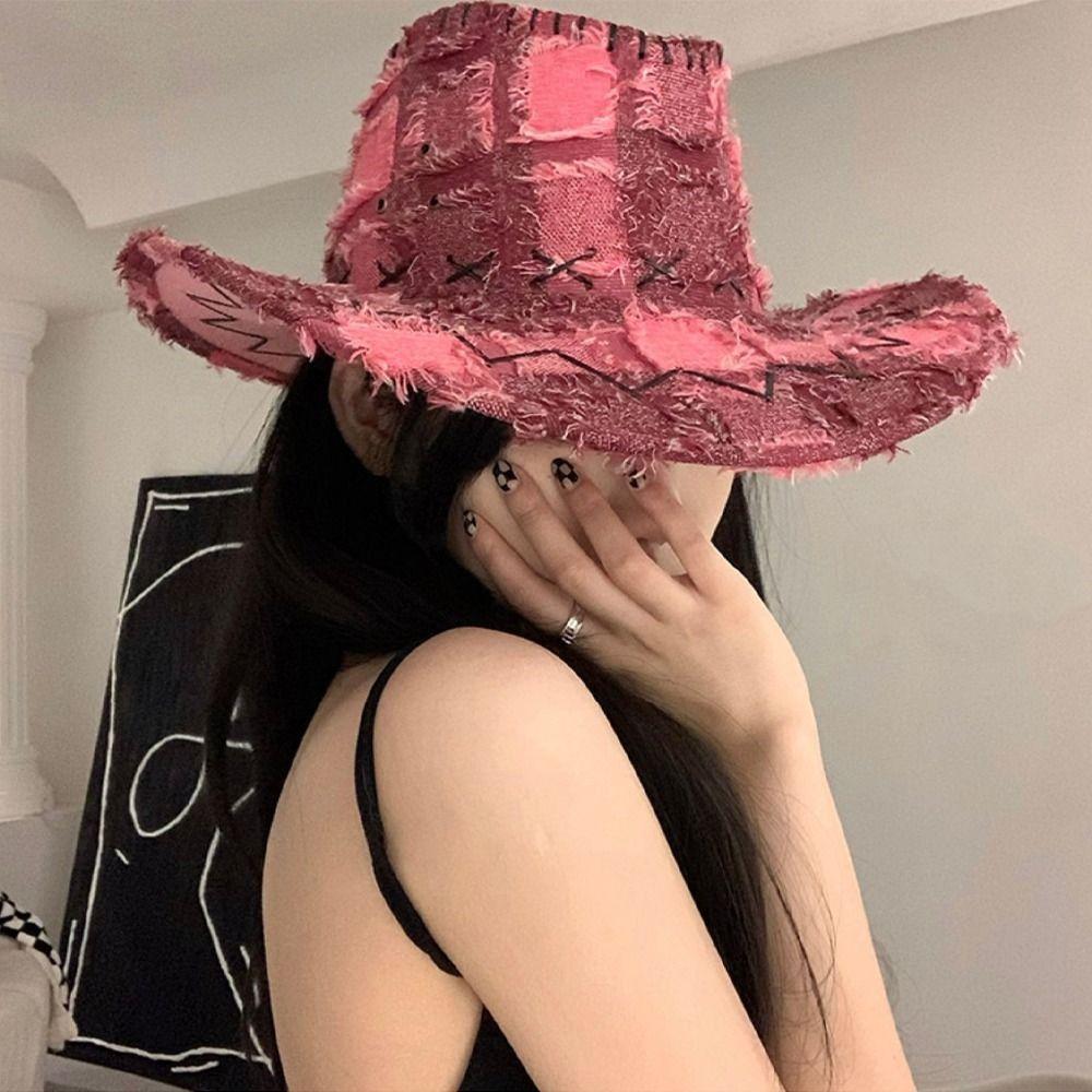 Adjustable Wide Brim Sun Hat Y2k Plaid Knight Hat Vintage Western Cowboy Hat for Male Female