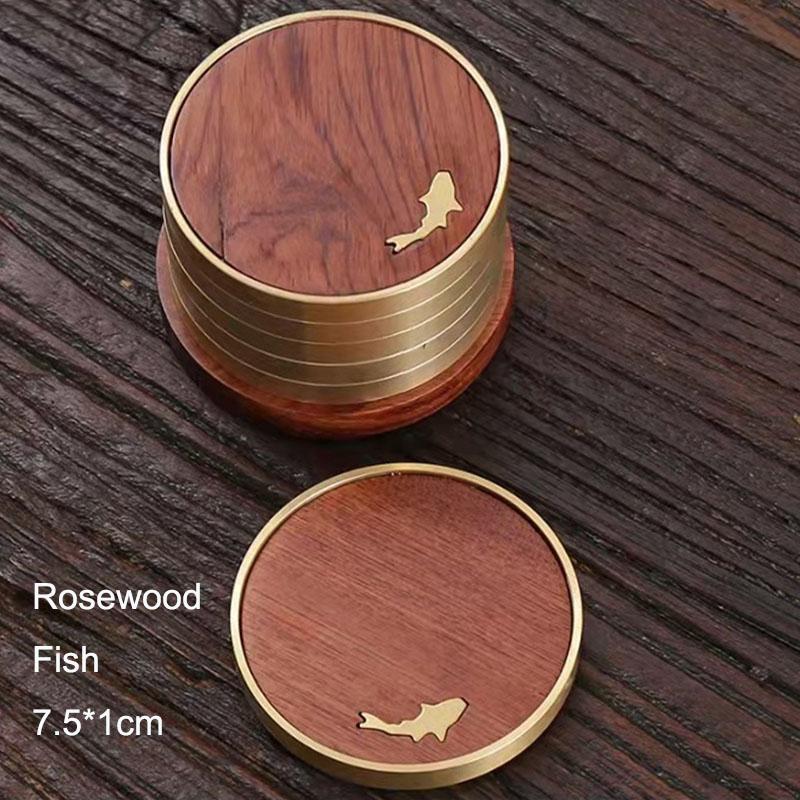 Набор подставок из розового дерева, круглый коврик из черного дерева, термостойкий коврик для чашки кофе, офиса, дома, кухни, с медным противоскользящим покрытием