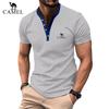 2024 Summer Men's Solid Color Pit Stripe Casual Button V-neck Slim Fit Embroidered Short Sleeved T-shirt