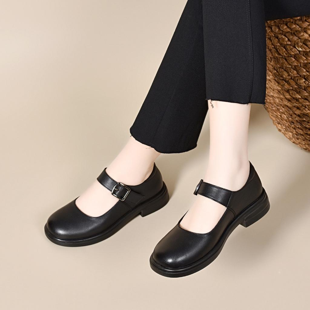 Round Head Mary Jane Shoes Women's First Layer Cowhide One-word Buckle Shallow Mouth Flat Bottom College Style Small Leather Shoes