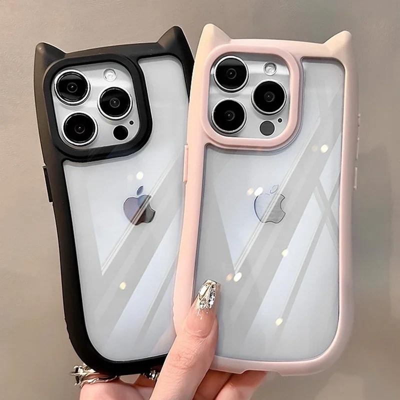 Soft Silicone Cute Cat Ear Phone Case For iPhone 11 12 13 14 15 Pro Max Transparent Shockproof Hard Acrylic Bumper Back Cover
