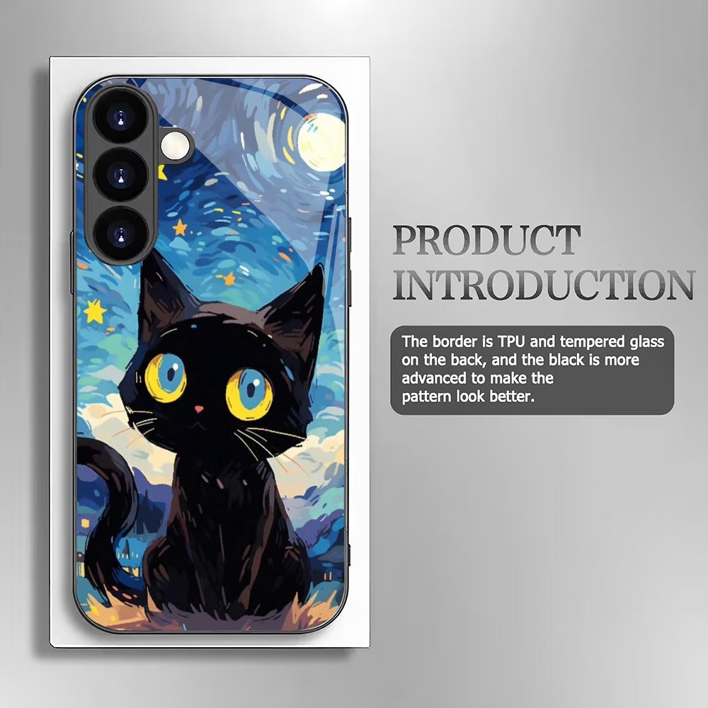 Чехол из закаленного стекла «Кошка в звездном небе» для Samsung Galaxy S26 S25 S24 S23 S22 S20 FE/Ultra/Plus, противоударная задняя крышка