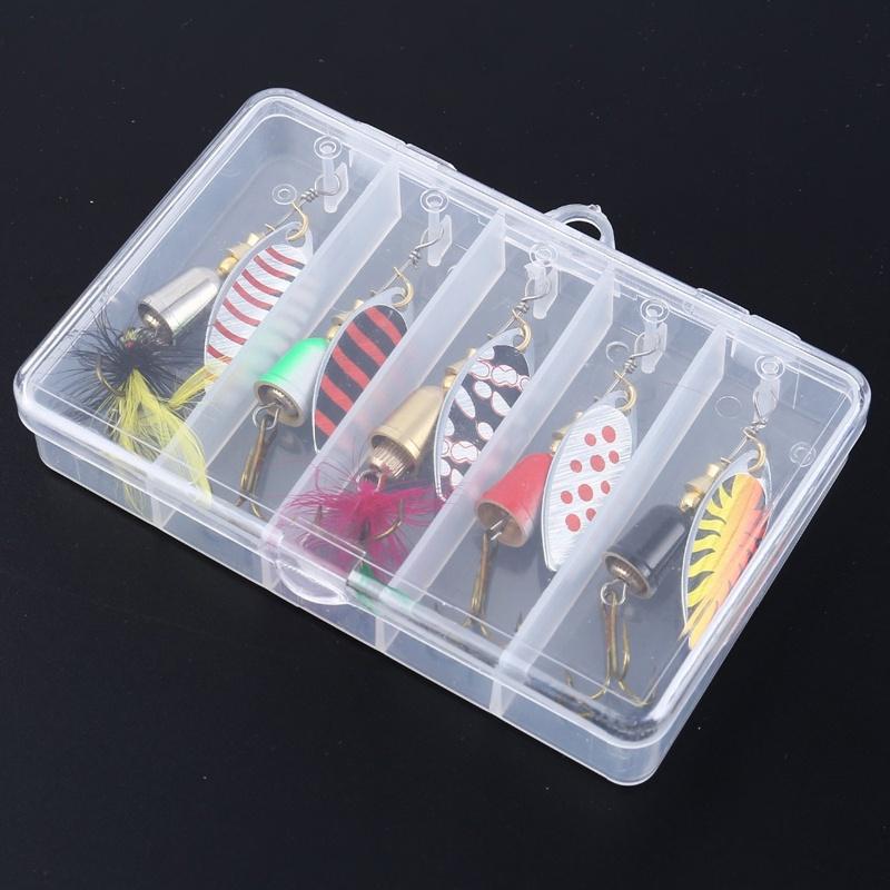 5pcs Fishing Lure Spinner Bait, Bass Trout Salmon Hard Metal Spinner Baits Kit with Tackle Boxes