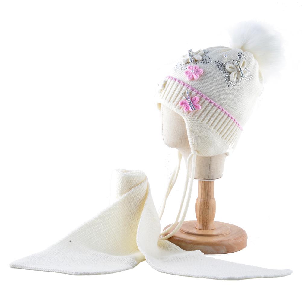 Warm Hats And Scarf Set For Girls Winter Knitted Lovely Kids Beanies With Imitation Fur Pompom Child