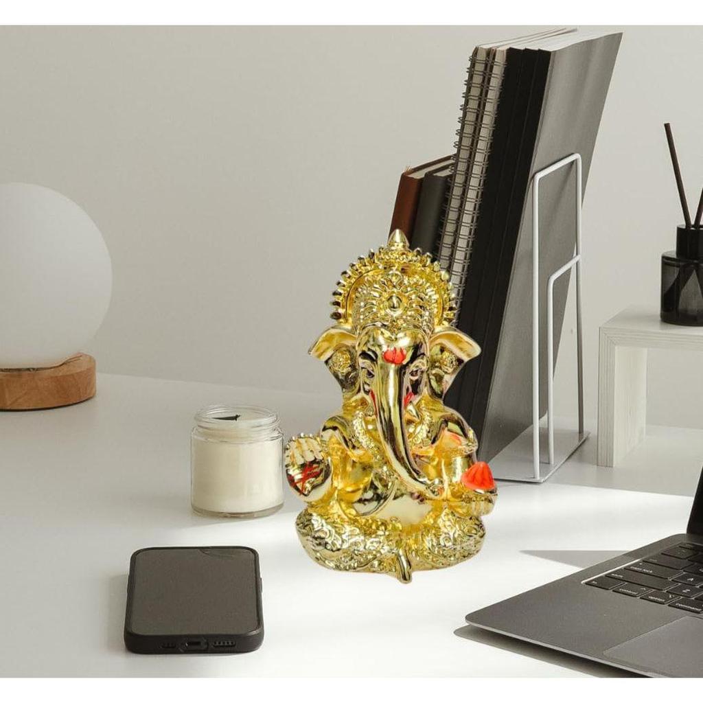 Mukut Ganesha Gold Plated L Ganesh Idol for Car Dashboard | Ganapati Murti for Home Decor | Vinayaka Statute for Puja & Gift 3.2