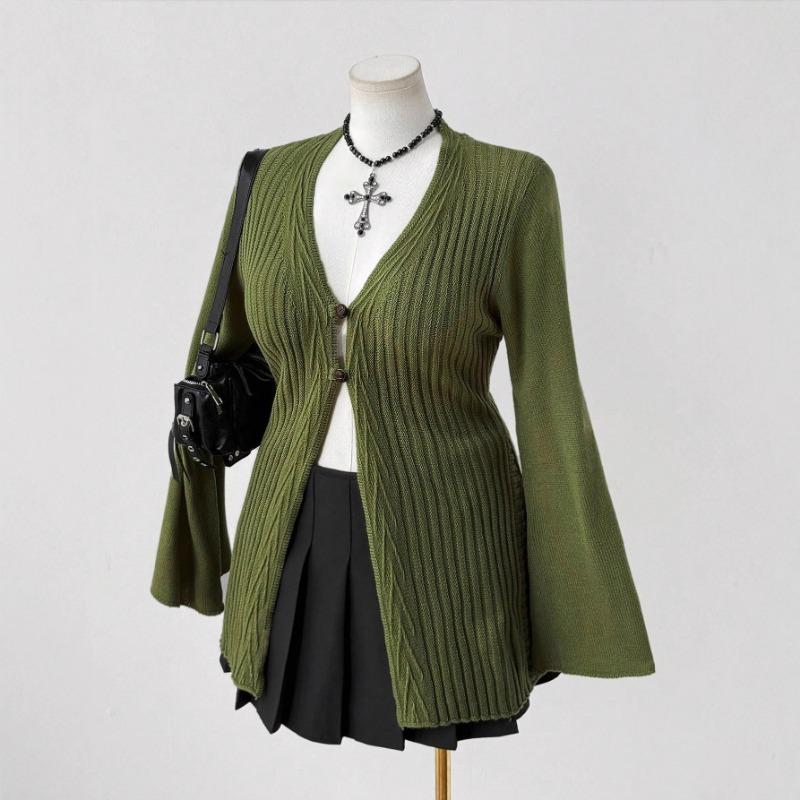 Новый вязаный свитер с глубоким V-вырезом, приталенный, с рукавами-клеш и кардиган на пуговицах