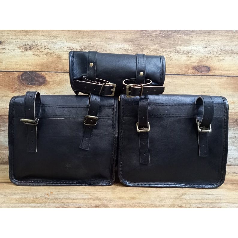 Handmade Black Leather Motorcycle Saddlebag Set: Panniers & Tool Pouch
