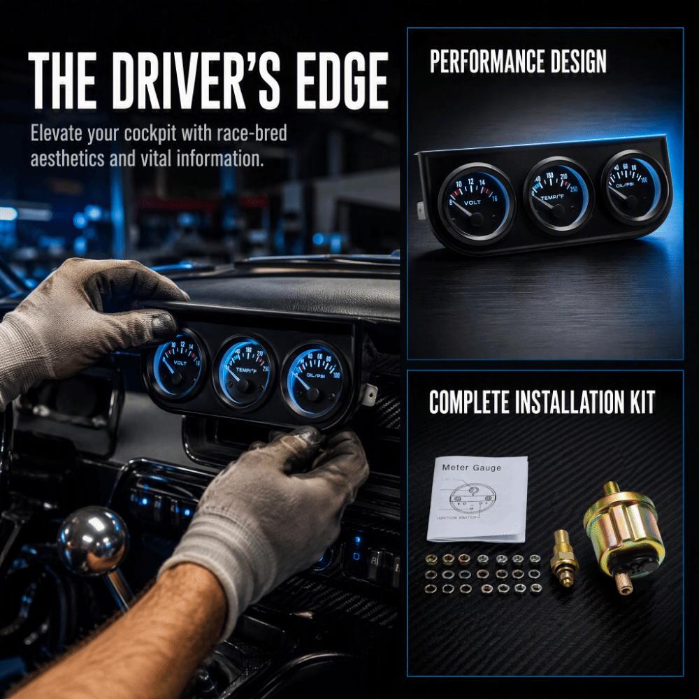 2 Inch Triple Gauge Set Black Car Meter Kit Easy Installation Car Gauge Cluster  Dashboard Mount