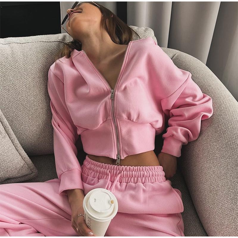 Casual Solid Color Hoodies Pants Set Women Long Sleeve Zipper Short Sweatshirt Slim Drawstring Trouser 2025 Spring Autumn New Lady Tracksuit
