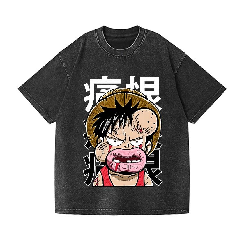 Футболка One Piece Луффи Винтажная Стирка Японский Дизайн Высококачественная Уличная Одежда Мужская Одежда 2026 Лето Новая Стирка Футболка