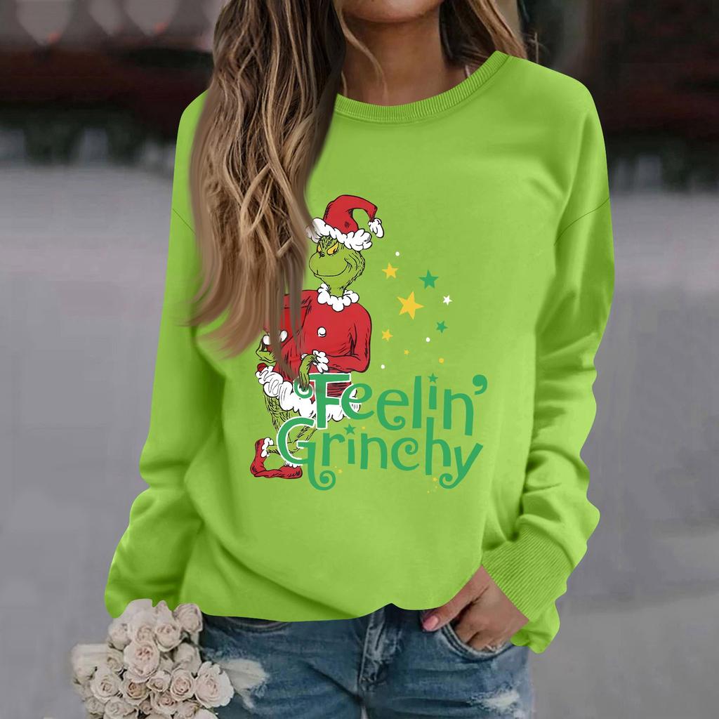 Women's Fashion Casual Long Sleeve Solid Color Christmas Printed Round Neck Top Sweatshirt