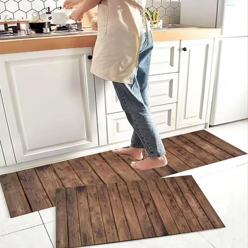 Rustic Wood Plank Kitchen Rug Set, Non-Slip Water Oil Resistant Floor Mats for Kitchen Laundry Room