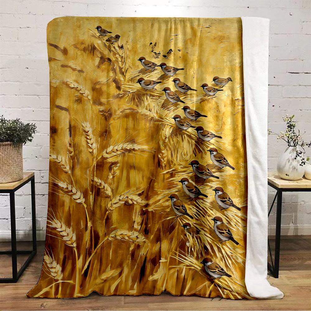 Sparrows Perched on Golden Wheat Fields Flannel blanket for bedroom, living room, sofa, and nap sofas