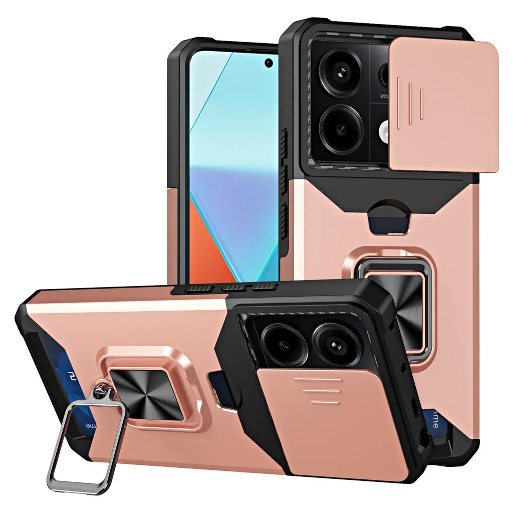 Чехол для Xiaomi Redmi Note 14 13 12 Pro Plus 13C 14C 4G 5G Сдвижная крышка камеры Держатель для карт Кошелек Защитный С кольцом Подставка Чехол
