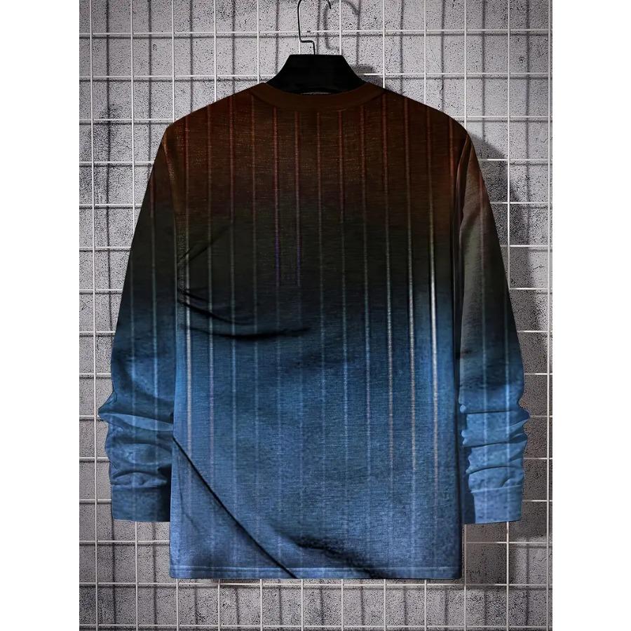 Gradient Color Stripe Long Sleeve Novelty Crew Neck T-Shirt Soft Slight Stretch Polyester Contrast Collar All Over Print Design
