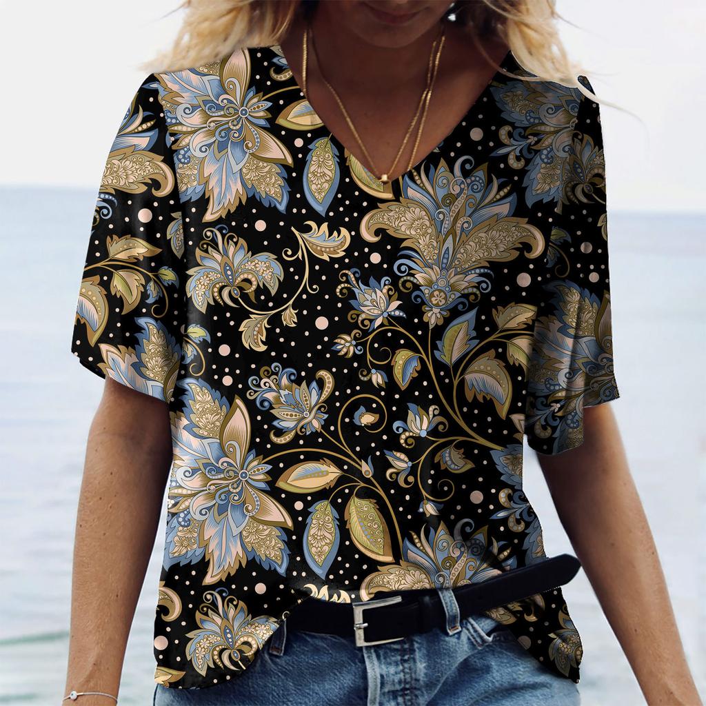 Women XL-7XL Plus Size T Shirt V Neck Short Sleeve Tops 3D Floral Print T Shirts Summer Lovers Couples T Shirt