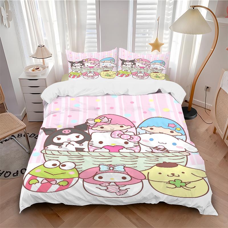 3 шт. Постельное белье с принтом персонажей Sanrio 'Dart' (1 Пододеяльник + 2 Наволочки, Без Наполнителей), Мягкий и удобный W024