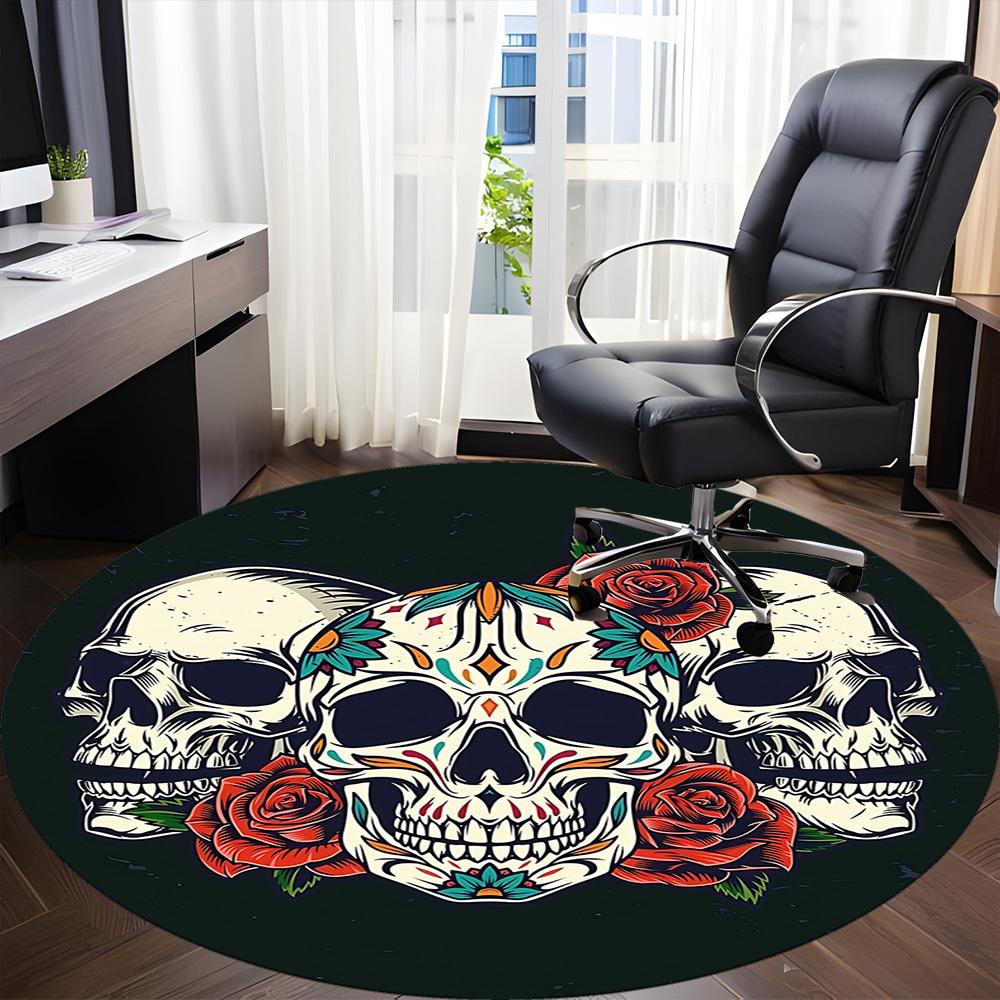 1pc Skull Roses Design Office Round Rug, Non-slip, Soft and Durable Office Rug for Interior Decoration, Perfect for Office, Beautiful Decoration yy260
