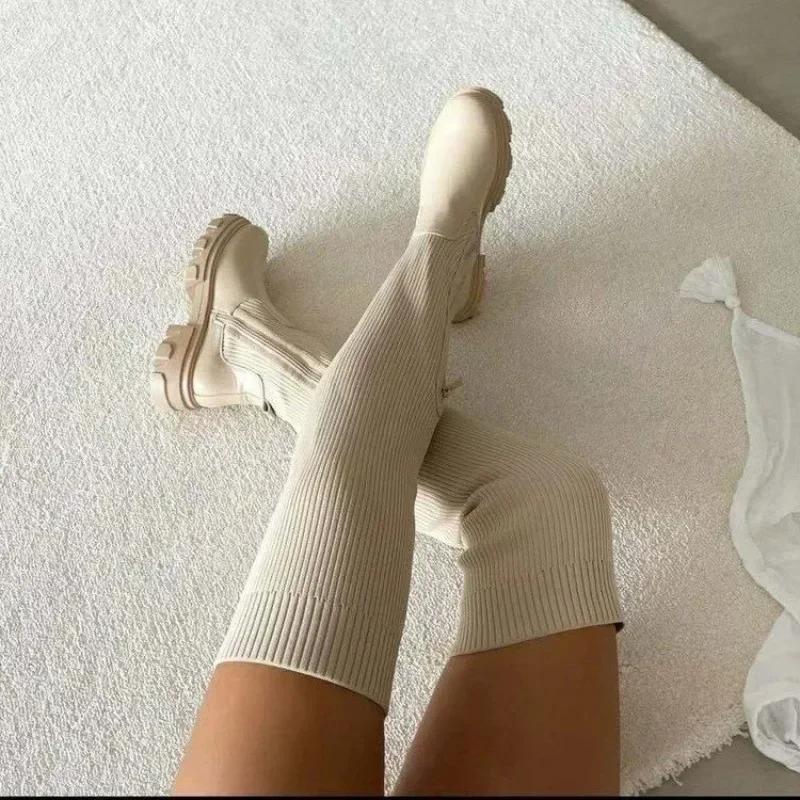 Женские сапоги выше колена Зимние эластичные вязаные сапоги Женские модные сапоги на платформе Сращивание женских носков Женские длинные сапоги
