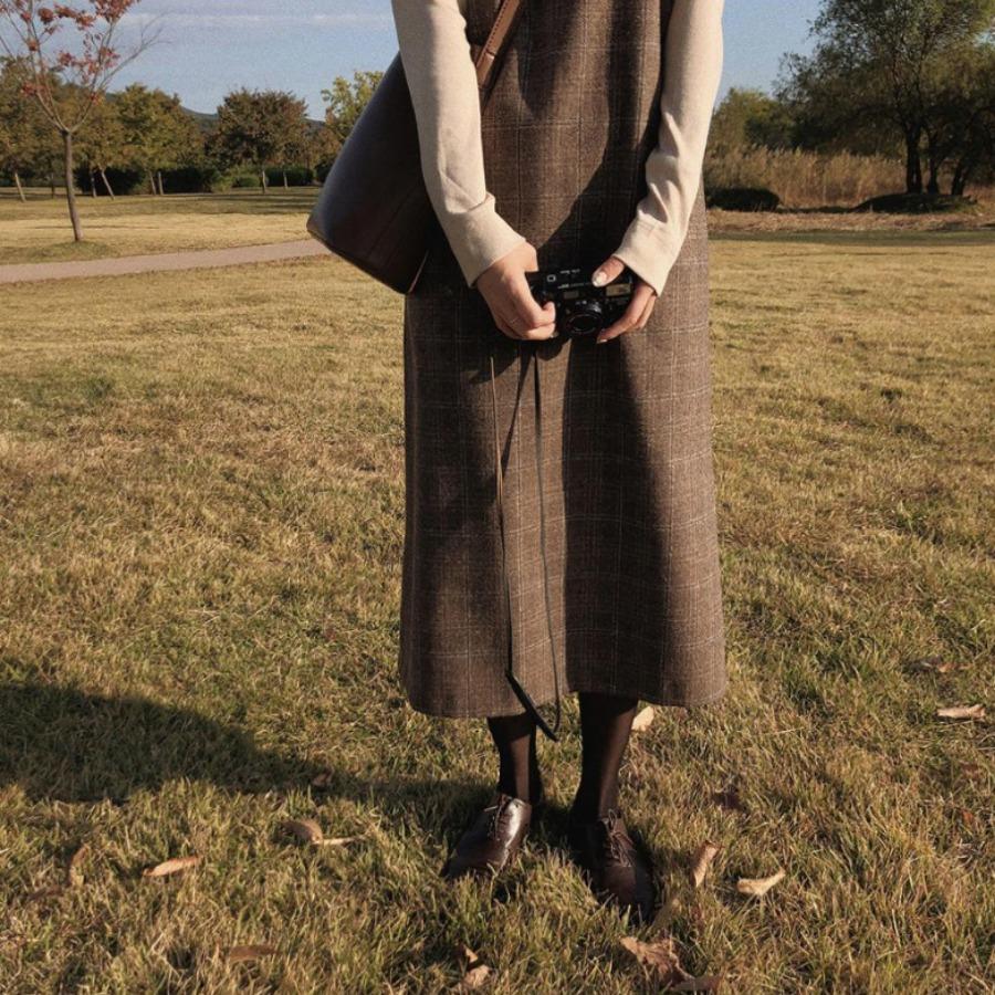 Осенне-зимняя винтажная клетчатая юбка на подтяжках, свободные утягивающие шерстяные повседневные платья на подтяжках