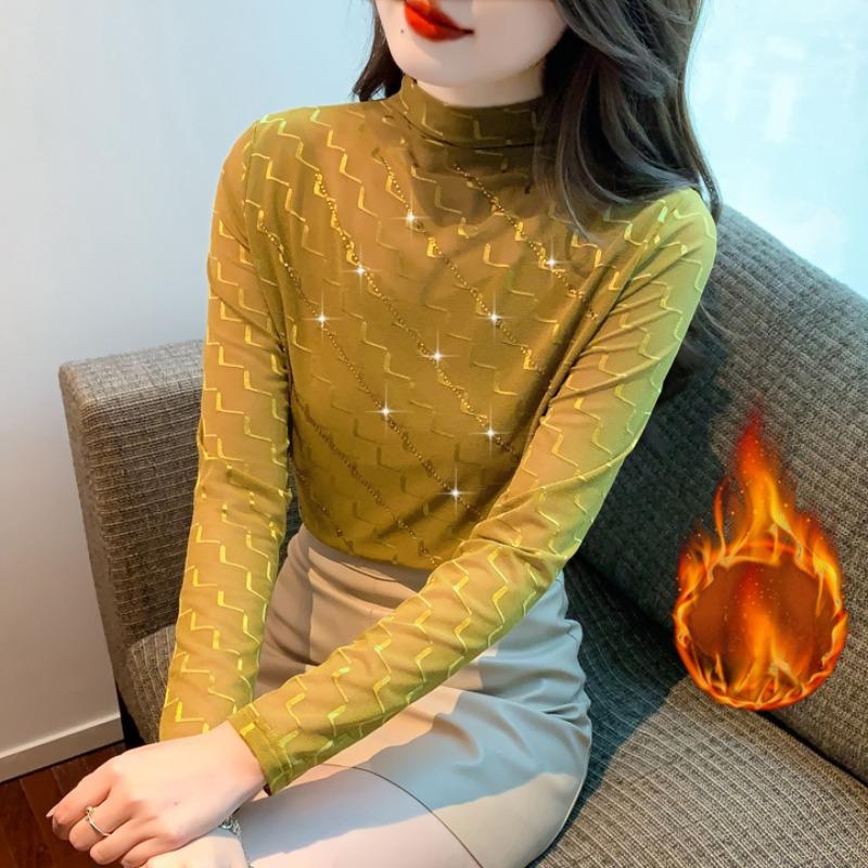 Футболка для женщин с утолщенным бархатом, зимняя, новая, с длинными рукавами, топ с воротником-стойкой, рубашка на основе Iron Diamond для женщин