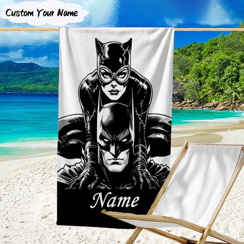 1PC Custom Name Beach Towel Bat City Hero Artwork Beach Towel, Suitable for Camping, Travel, Beach Accessories, Super Absorbent, Family Gift