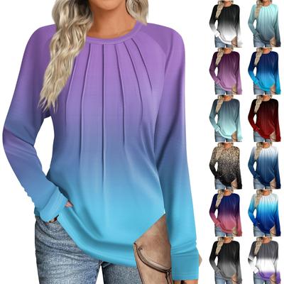 Женская мода повседневный градиент цвета длинный рукав круглый вырез топ