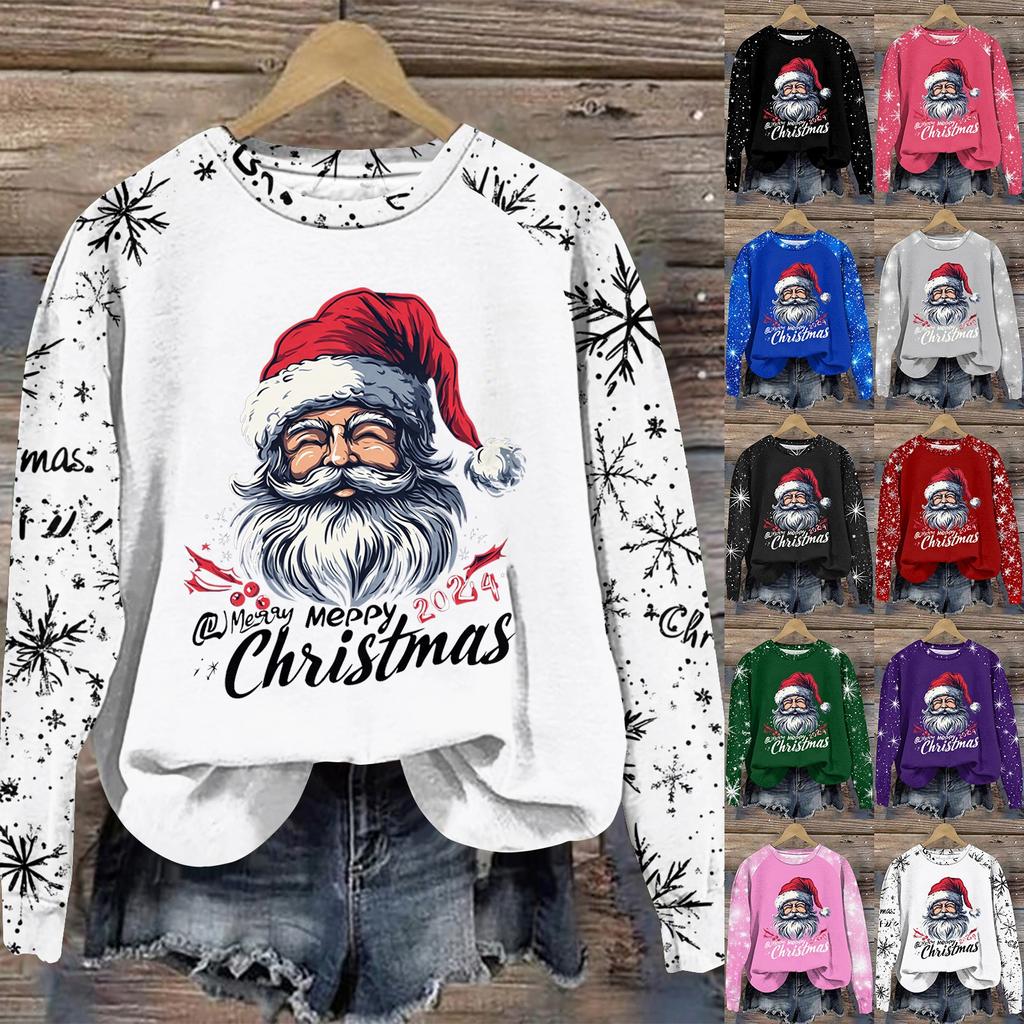 Women's Fashion Round Neck Pullover Plunging Sleeve Tee Christmas Printed Top