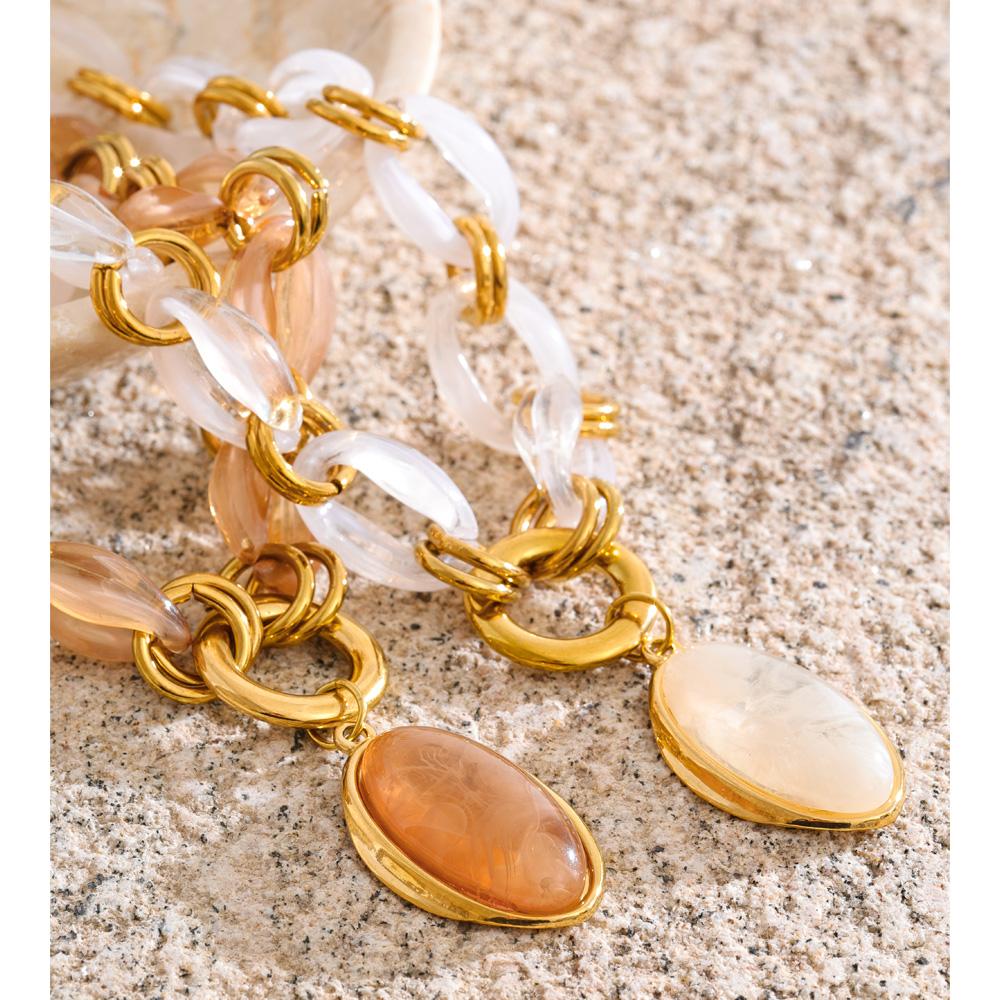 Yhpup Resin Acrylic Handmade Chain Oval Pendant Fashion Statement Necklace 18K Golden PVD Plated Trendy Waterproof Jewelry Gift