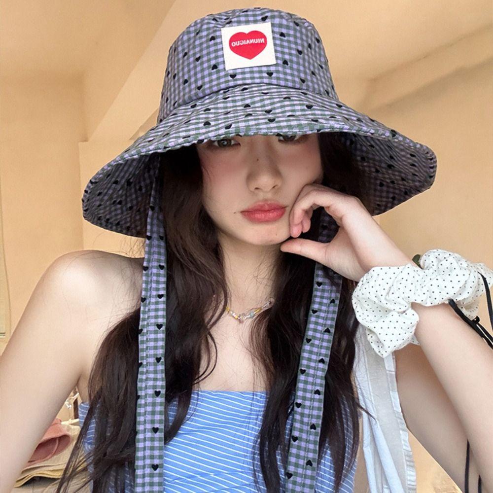 Lace Up Hiking Fisherman Hat Sun Protection Heart Printed Bucket Hat Drawstring Sun Hat Fishing
