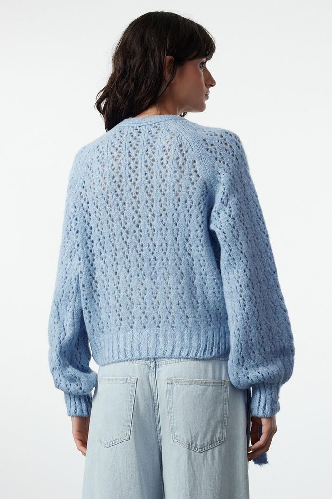 Women's Fashionable Stylish Sweater Blue Soft Textured Openwork Hole Lacing Detailed Knitwear Sweater
